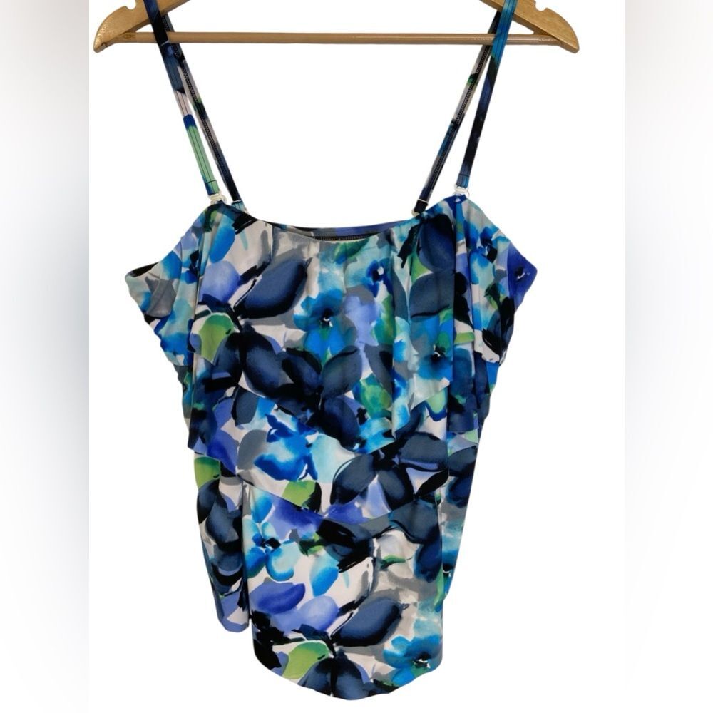 Aqua Green Blue Green Black Floral Layered Tankini Swim Top Size XL